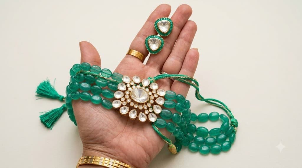 Chawla Jewellers Meher green bead choker set — four-strand emerald bead necklace with floral polki pendant and matching stud earrings