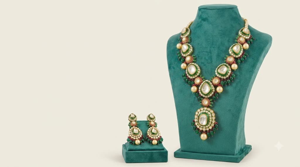 Chawla Jewellers Noorani kundan bridal necklace set with emerald meenakari enamel, polki stones, pearls and matching jhumka earrings