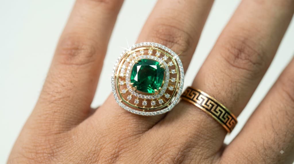 Chawla Jewellers Vrinda emerald halo ring — cushion-cut natural emerald with diamond sunburst halo in 18kt yellow gold