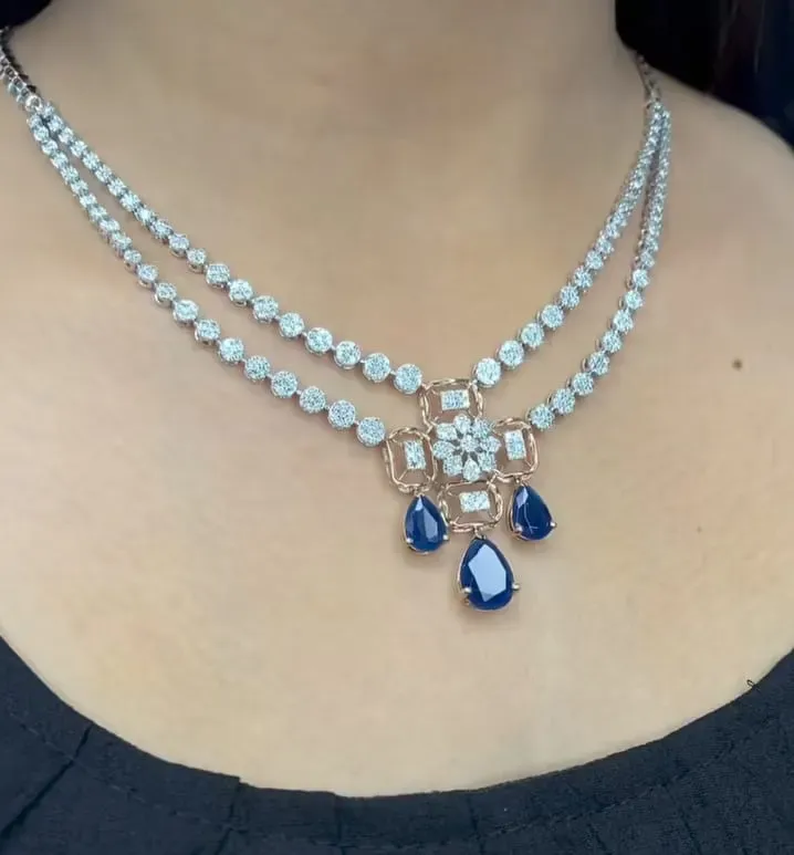The Sara Dual Sapphire Necklace — Double diamond strands with rose-gold floral pendant by Chawla Jewellers