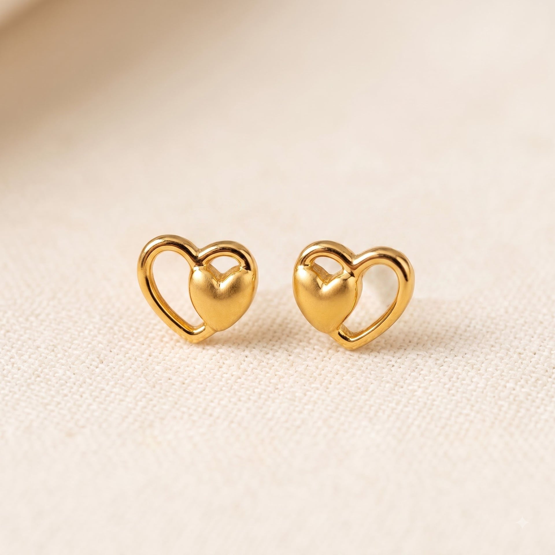 Gold Heart Stud Tops — Polished heart-shaped studs in 22kt yellow gold by Chawla Jewellers