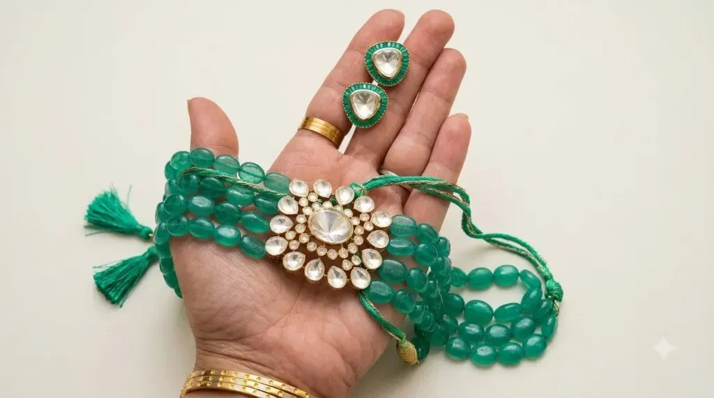 The Meher Green Bead Choker Set — Four-strand emerald bead choker with floral polki pendant by Chawla Jewellers