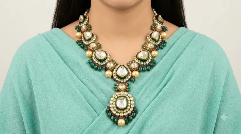 The Rani Polki Bridal Necklace — Heavy polki collar with emerald borders and pearl drops by Chawla Jewellers