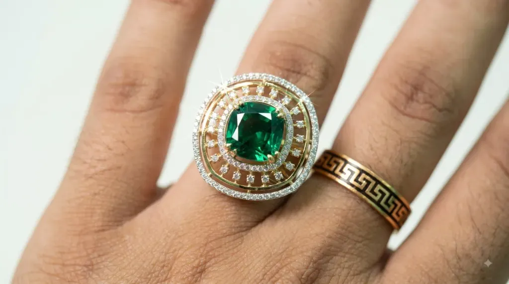 Emerald Ring — Cushion-cut emerald with diamond sunburst halo in 18kt gold by Chawla Jewellers