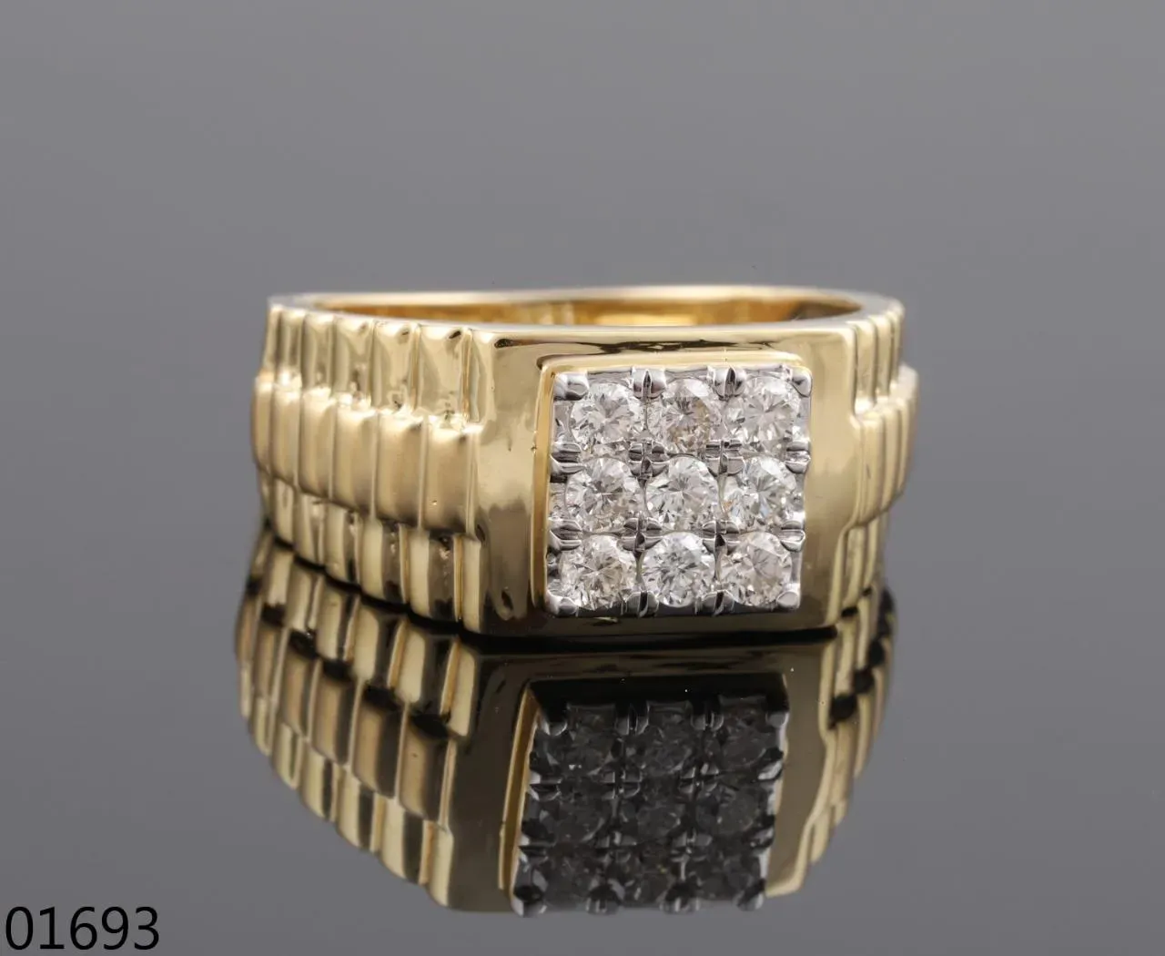 The Arjun Watch-Link Diamond Signet — Oyster watch-link pattern with square diamond crown by Chawla Jewellers